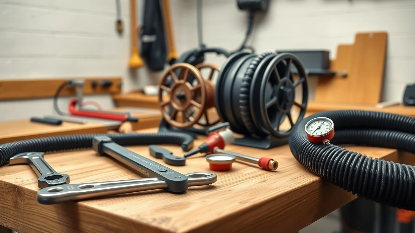 Drainage tools on a workshop bench