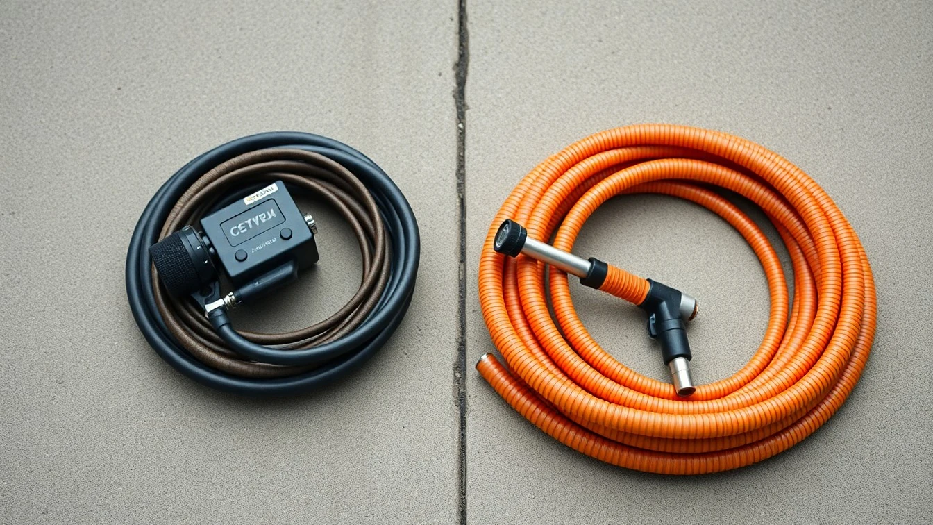 Flat-lay of drain rods, CCTV camera and jetting hose