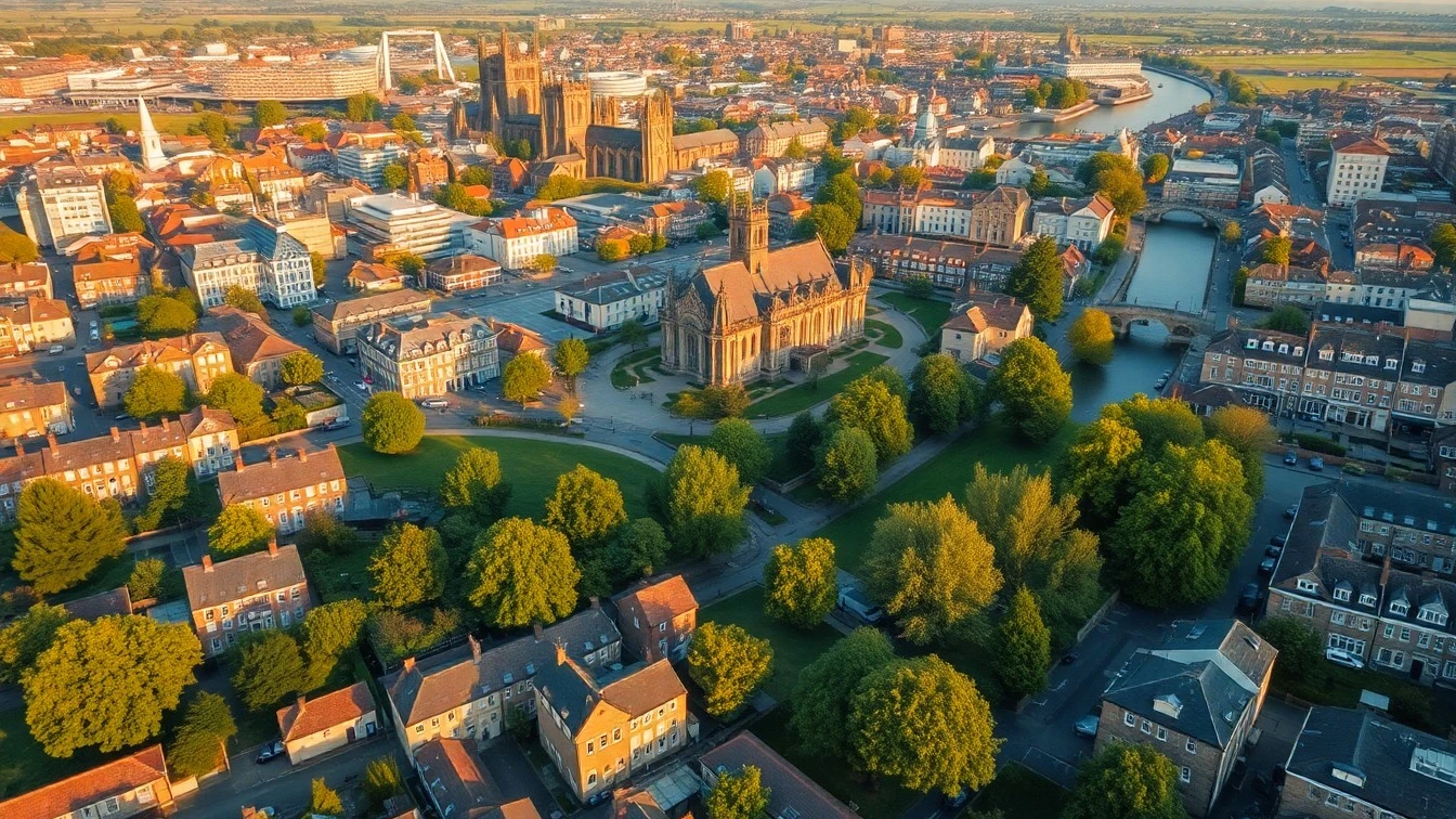 Aerial view of Derby city centre with Cathedral Quarter and River Derwent