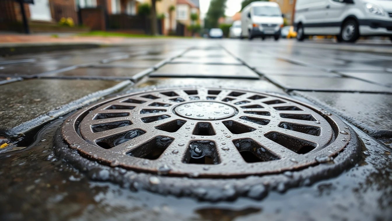 Drain grate on wet Derbyshire pavement
